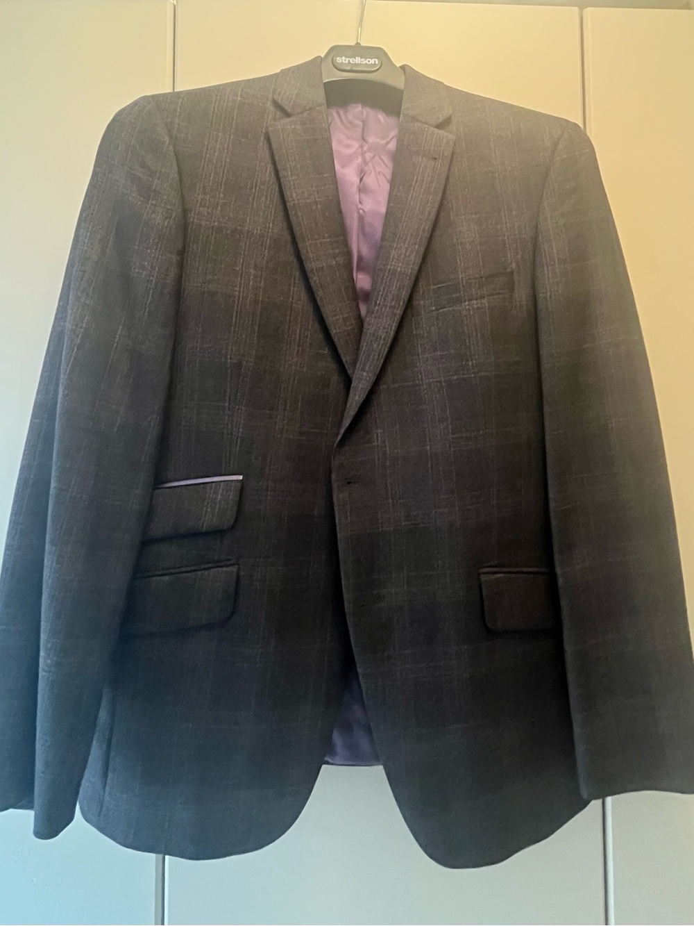 Ted Baker Men's Charcoal Windowpane Blazer with Purple Lining
